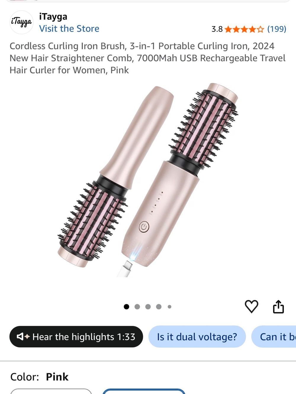 Pink Cordless 3-in-1 Hair Styler Brush